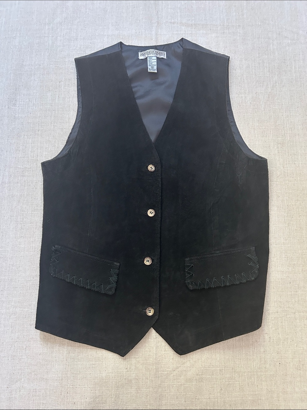 Amanda Smith Black Suede Vest Button Front Vintage Western Festival Cowgirl